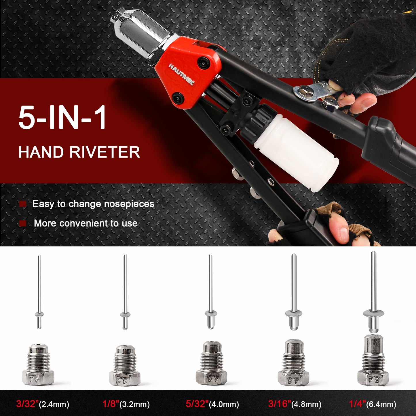 HAUTMEC Pop Rivet Gun,13" Labor Saving Hand Riveter with 5 Replaceable Nosepieces And Rivets Collecting Bottle HT0129-HR