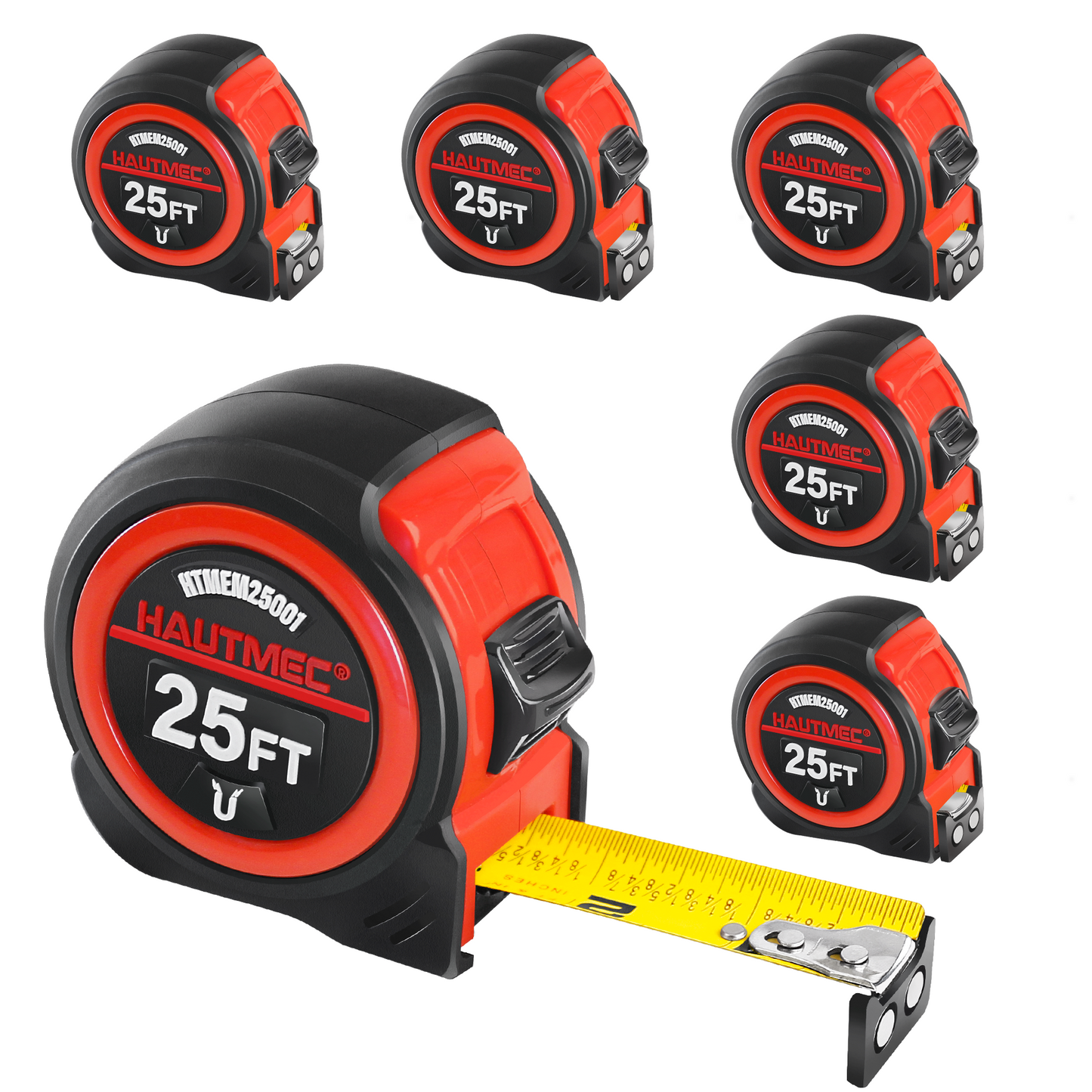 HAUTMEC 25FT Tape Measure 6 Pack Bulk with Magnetic Hook & Fractions - Professional Measuring Tape for Construction, Carpentry, DIY,HTMEM25001