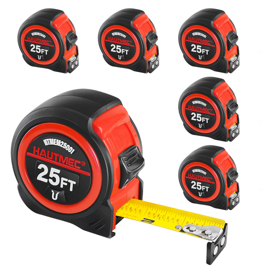 HAUTMEC 25FT Tape Measure 6 Pack Bulk with Magnetic Hook & Fractions - Professional Measuring Tape for Construction, Carpentry, DIY,HTMEM25001