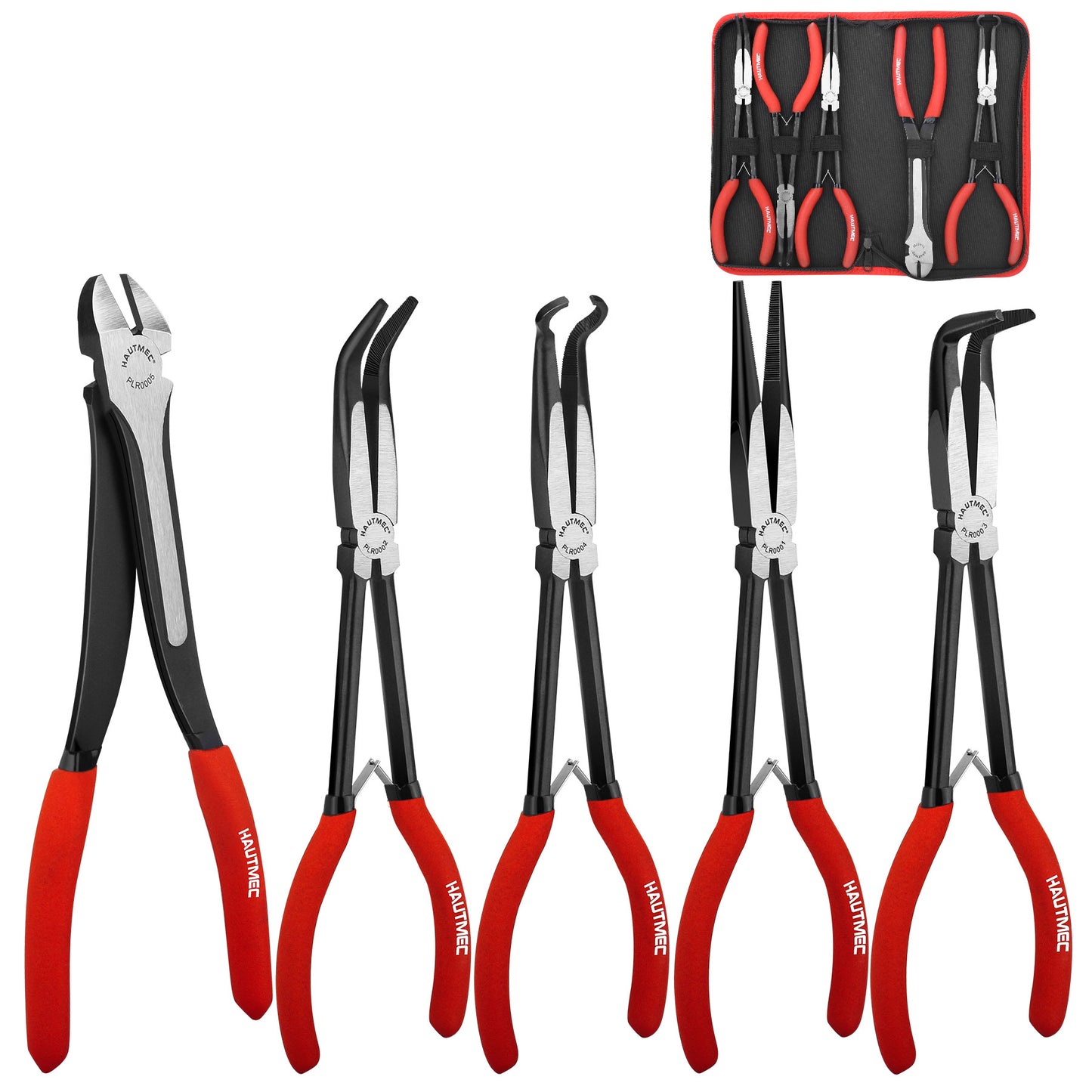 HAUTMEC 11Inch Extra Long Needle Nose Pliers Set, 5PCS Spring Loaded Heavy Duty Long Reach Pliers Include Hose Grip and Diagonal Cutting Plier, Straight and 45/90 Degree Bent Nose Pliers HT0316