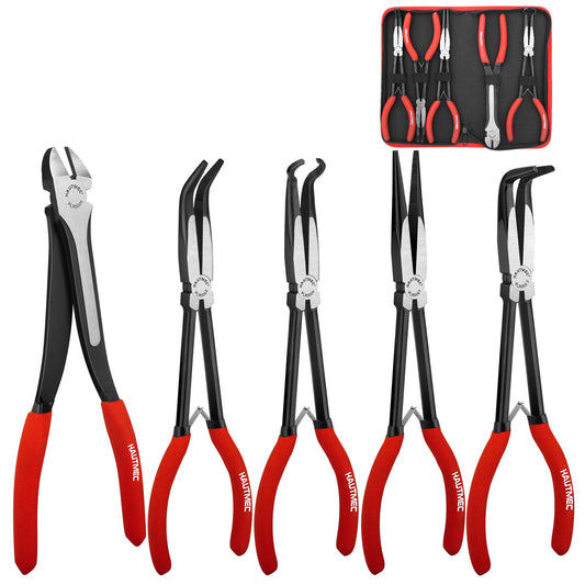 HAUTMEC 11Inch Extra Long Needle Nose Pliers Set, 5PCS Spring Loaded Heavy Duty Long Reach Pliers Include Hose Grip and Diagonal Cutting Plier, Straight and 45/90 Degree Bent Nose Pliers HT0316