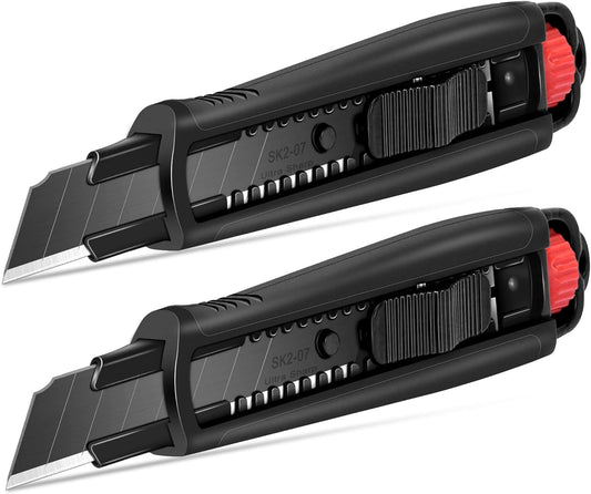 HAUTMEC 2PCS HAUTMEC 18mm Extra Heavy Duty Utility Knife with Double Lock Mechanism, Auto-Lock and Ratchet- Lock for Double Safety, SK2 Sharp Black Blade for Industrial or Construction Applications HT0136-2PC