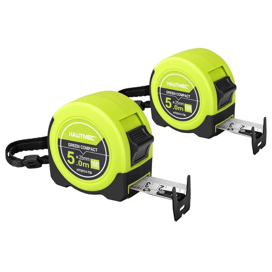 HAUTMEC 16Ft Tape Measure 2PCS with Fractions 1/8, Multi-Catch Hook Retractable Measuring Tools, Heavy Duty Green Compact Case for Construction, Carpenter, Professionals HT0314-2PC