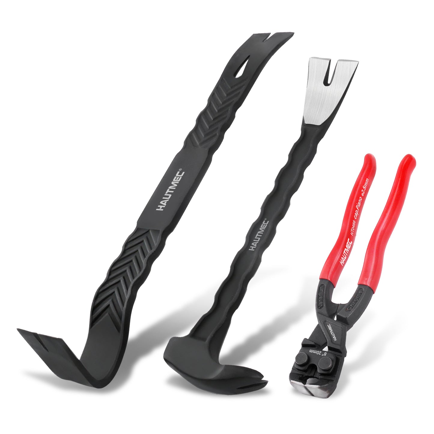 HAUTMEC 3 PCS Pry Bar Set, 15" Flat Pry Bar, 12" Cats Paw Nail Puller Tool and 8" End Cutting Pliers, Heavy Duty Dorp Forged Crowbar Pry Tool for Prying, Lifting and Removing Tasks, HTASM25022