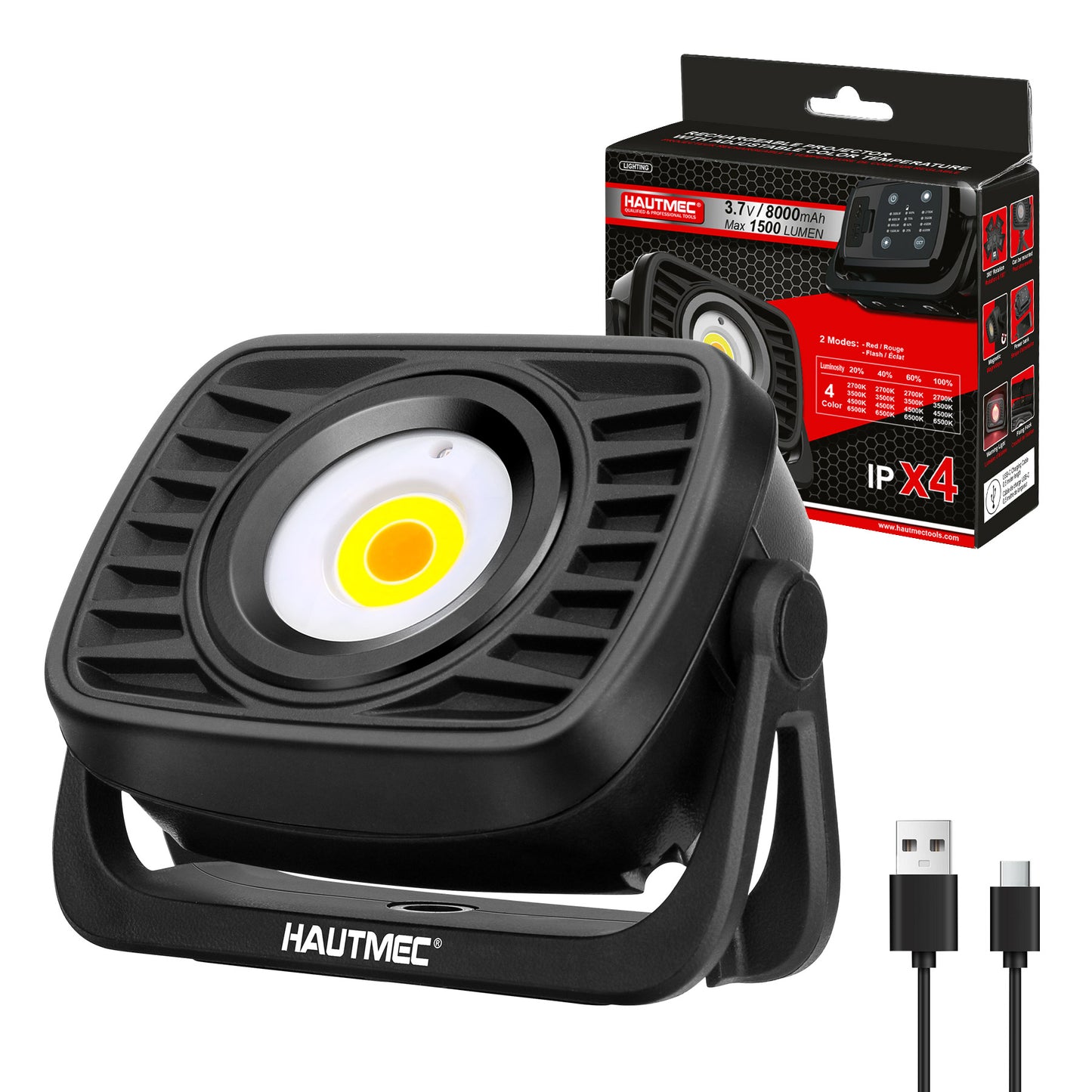 HAUTMEC Rechargeable Work Light, 360°Rotating COB 1500LM Portable Flood Light with Magnetic Base and Pothook, Waterproof Power Bank Worklight Tool for Car Repairing Construction Sites, HT0168-WL