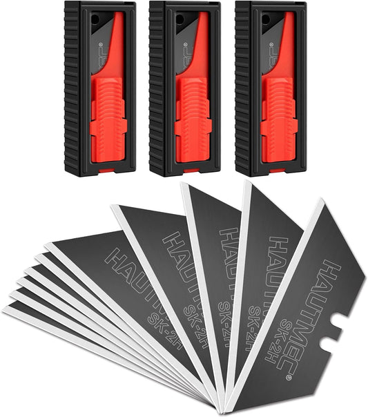 HAUTMEC 30-Pack Utility Knife Blades with a Safety Dispenser, Standard Replacement Blades for Heavy Duty Utility Knives and Box Cutters, Sharper SK2H Black Blades HT0265-3PCS