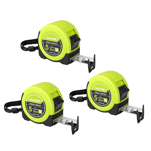 HAUTMEC 16Ft Tape Measure 3PCS with Fractions 1/8, Multi-Catch Hook Retractable Measuring Tools, Heavy Duty Green Compact Case for Construction, Carpenter, Professionals HT0314-3PC