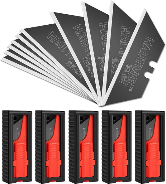 HAUTMEC 50-Pack Utility Knife Blades with a Safety Dispenser, Standard Replacement Blades for Heavy Duty Utility Knives and Box Cutters, Sharper SK2H Black Blades HT0265-5PCS