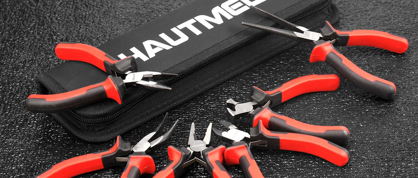 HAUTMEC 6PCS Mini Pliers Set High Leverage Multi Small Pliers Tool Set with Needle Nose, Linesman, Long Nose, Bent Nose, Diagonal Cutters, End Cutting Plier for Jewelry, Electronic and Crafts HT0275