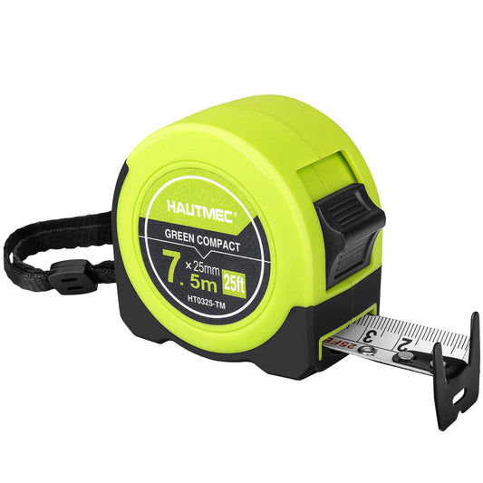 HAUTMEC 25Ft Tape Measure with Fractions 1/8,Multi-Catch Hook Retractable Measuring Tools,Heavy Duty Green Compact Case for Construction, Carpenter, Professionals HT0325