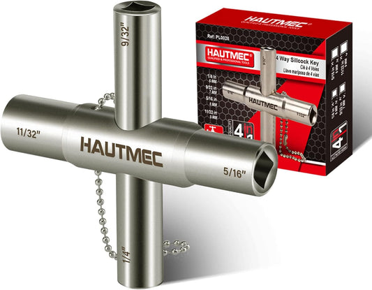 HAUTMEC 4 Way Sillcock Water Key，1/4", 9/32", 5/16", 11/32" Steel Multi-Function Utility Key for Sillcocks Faucets Valves Spigots PL0028