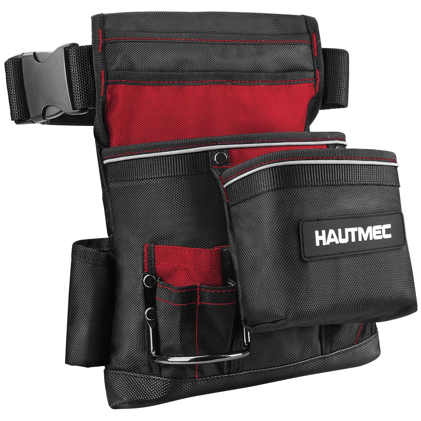 HAUTMEC Heavy Duty Framing Tool Belt Electrician Tools Pouch Organizer Work Belts For Men, 12-Pocket 1680D Tool Bag with Waist Strap Hammer Holder and 360°Reflective Strips, Black & Red HT0220-TBR