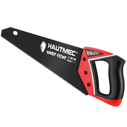 HAUTMEC 14" Pro Hand Saw, SK5 Steel Blade with Black Coated, 11 TPI Fine Cuts, Ergonomic Handle with Two Angles Marking Guide for Wood, Laminate,Branches, PVC, Sharp Stone Series, HT0301-WS