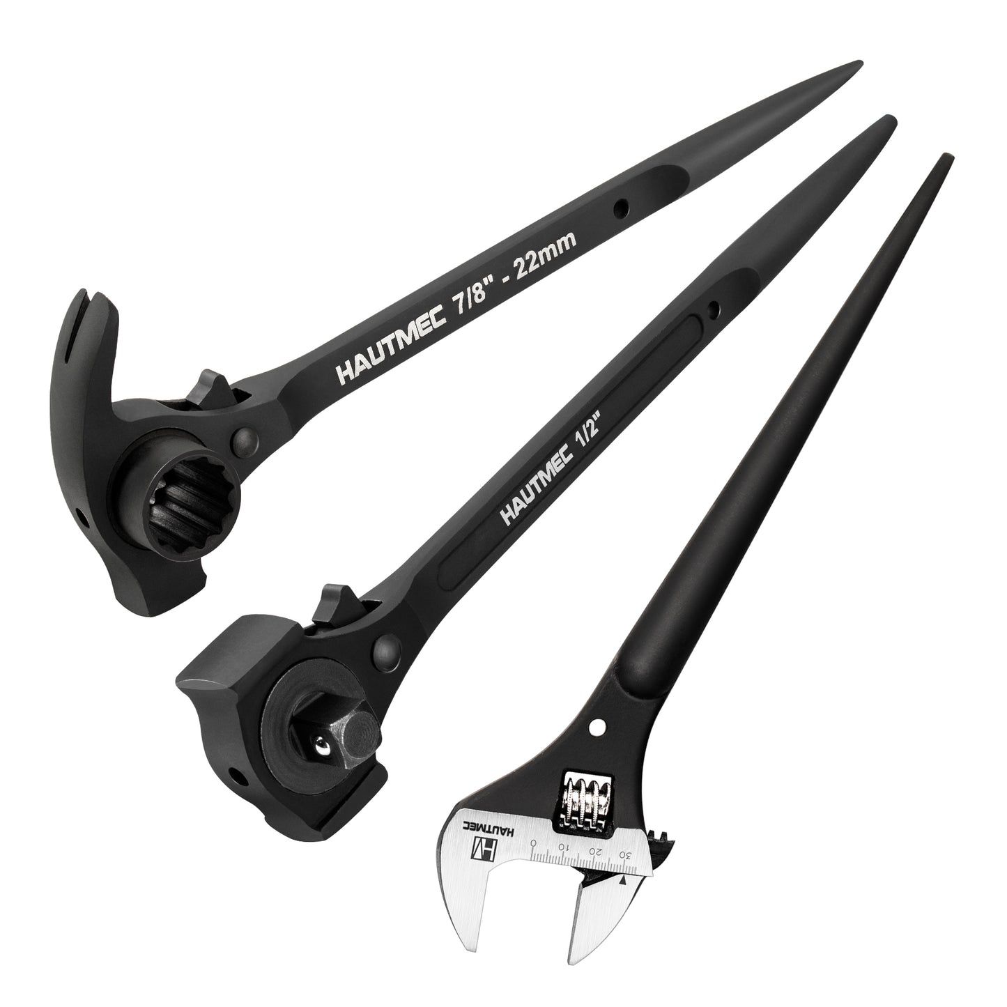 HAUTMEC 12inch Spud Ratchet Wrench Set(3 PCS), Includes 3/4" x 7/8" Dual Socket Scaffold Ratchet Wrench with Claw Pry Bar & Hammer Function, 3/8" x 1/2" Dual Head Ratchet, and Adjustable Spud Wrench HTASM25020