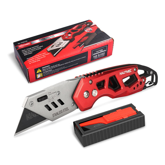 HAUTMEC Folding Utility Knife, Box Cutter with 10pcs SK2H Razor Blades, Heavy Duty Aluminium Alloy Pocket Knife with Belt Clip and Carabiner, Quick Change Blades and Safety Locking Design, HT0263-KN