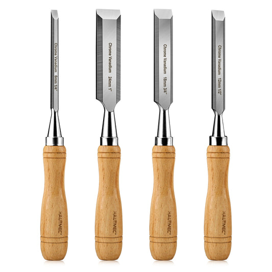 HUATMEC Wood Chisels Set of 4, Carbon Steel Beveled Edge Blade, Beech Handle for Woodingworking and Carving HT0315
