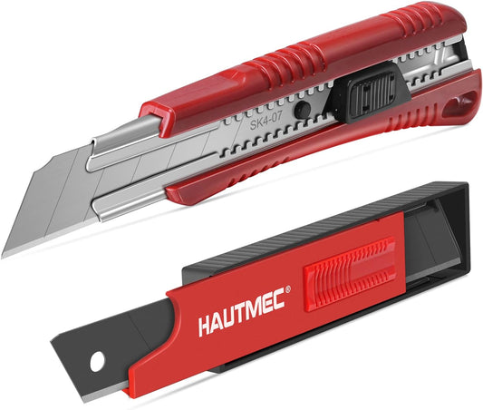 HAUTMEC 25mm Extra Heavy-Duty Utility Knife with 10pcs Blades Set, Snap-off Retractable Box Cutter, Auto-lock Mechanism, Sturdy Body HT0095-KN