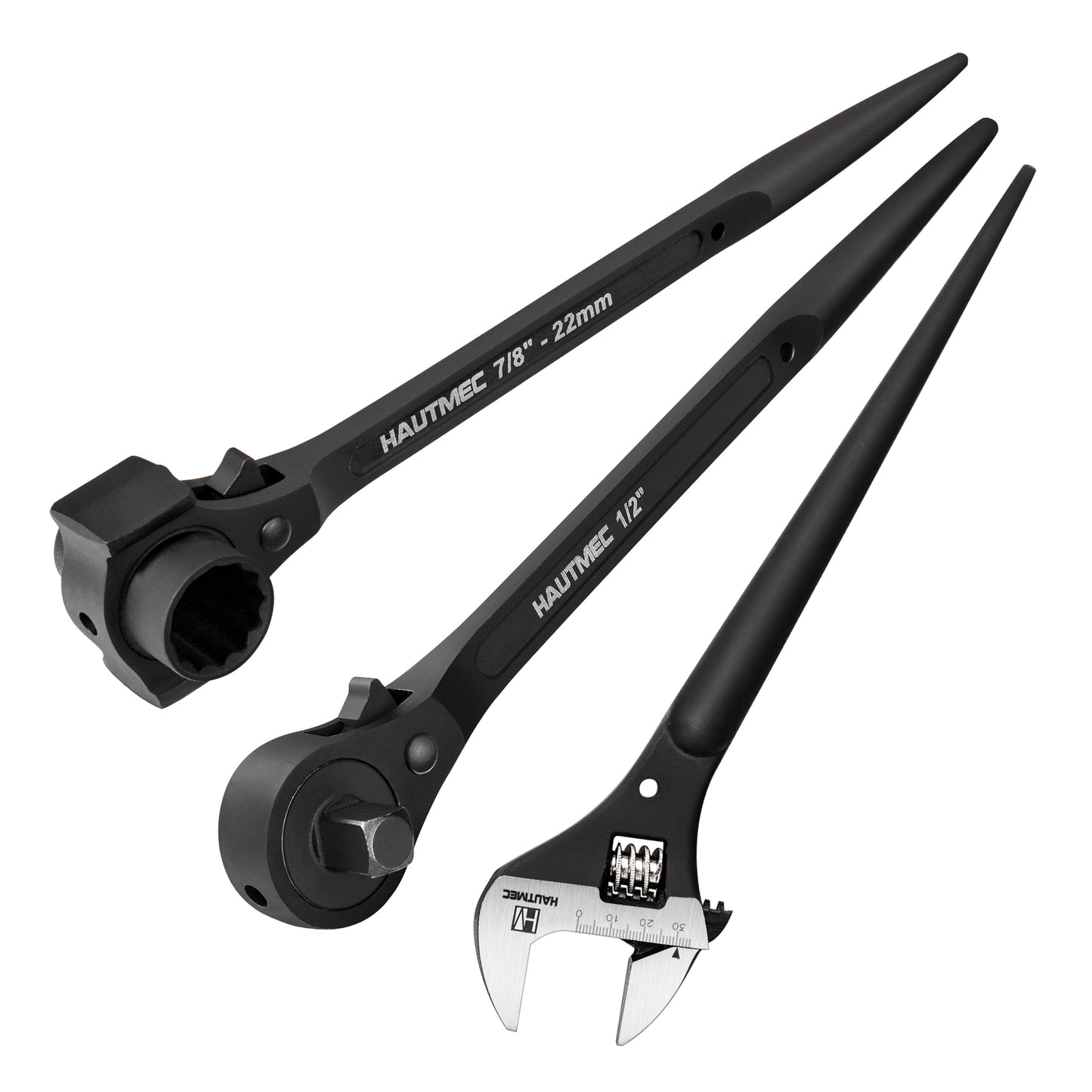 HAUTMEC 12" Spud Ratchet Wrench Set(3 PCS), Includes 3/4" x 7/8" Dual Socket Scaffold Ratchet Wrench with Hammer Function, 3/8" x 1/2" Dual Head Ratchet, and Adjustable Spud Wrench HTASM25021