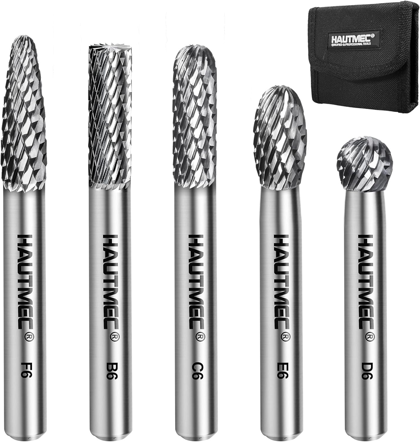 HAUTMEC Tungsten Carbide Rotary Burr Bit Set– 1/4" Shank with Portable Storage Bag, Double Cut Tungsten Rotary File for Die Grinder, Suit for Metal Carving, Grinding, Engraving & Deburring - HT0453