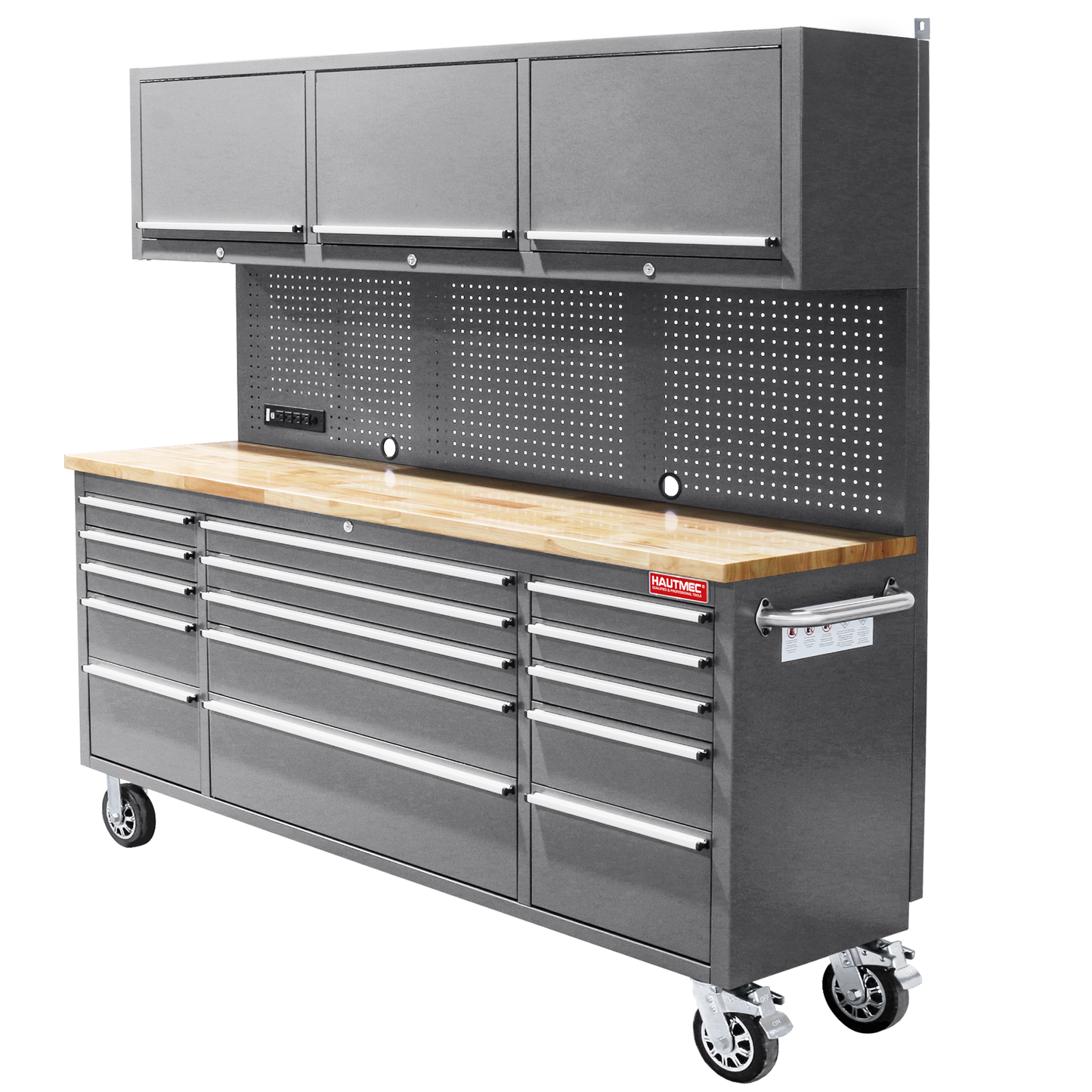 HAUTMEC 72-Inch Rolling Tool Chest with 51 PCS Pegboard Hooks & ETL-Certified Power Strip, Mobile Garage Workbench with 15 Drawers, 3 Upper Cabinets, Pegboard & Heavy-Duty Oak Work Surface HT0428-TC