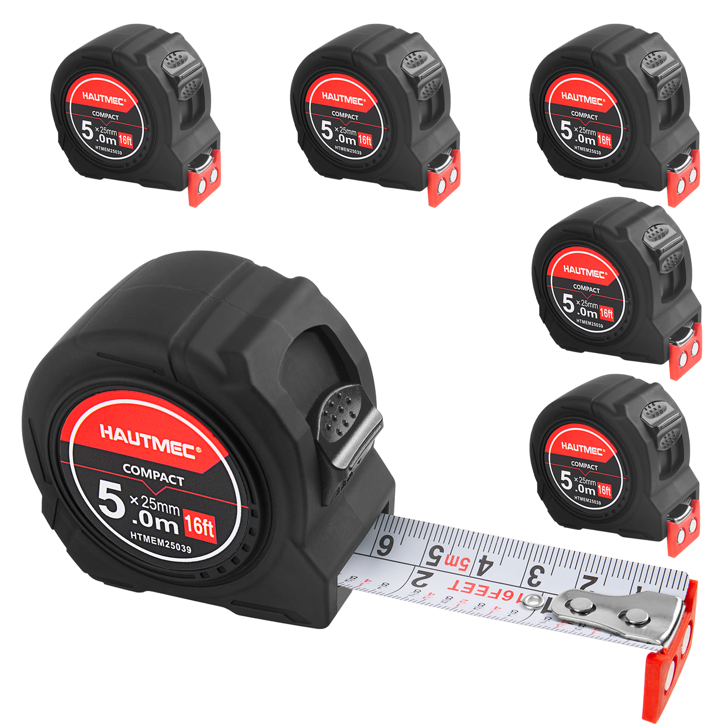 HAUTMEC 6 Pack Compact Tape Measures 16FT/5M, Heavy-Duty Tapes in Bulk with 1/8 Fractions, Rubberd Magnetic Hook and Double Lock Mechanism, HTMEM25039