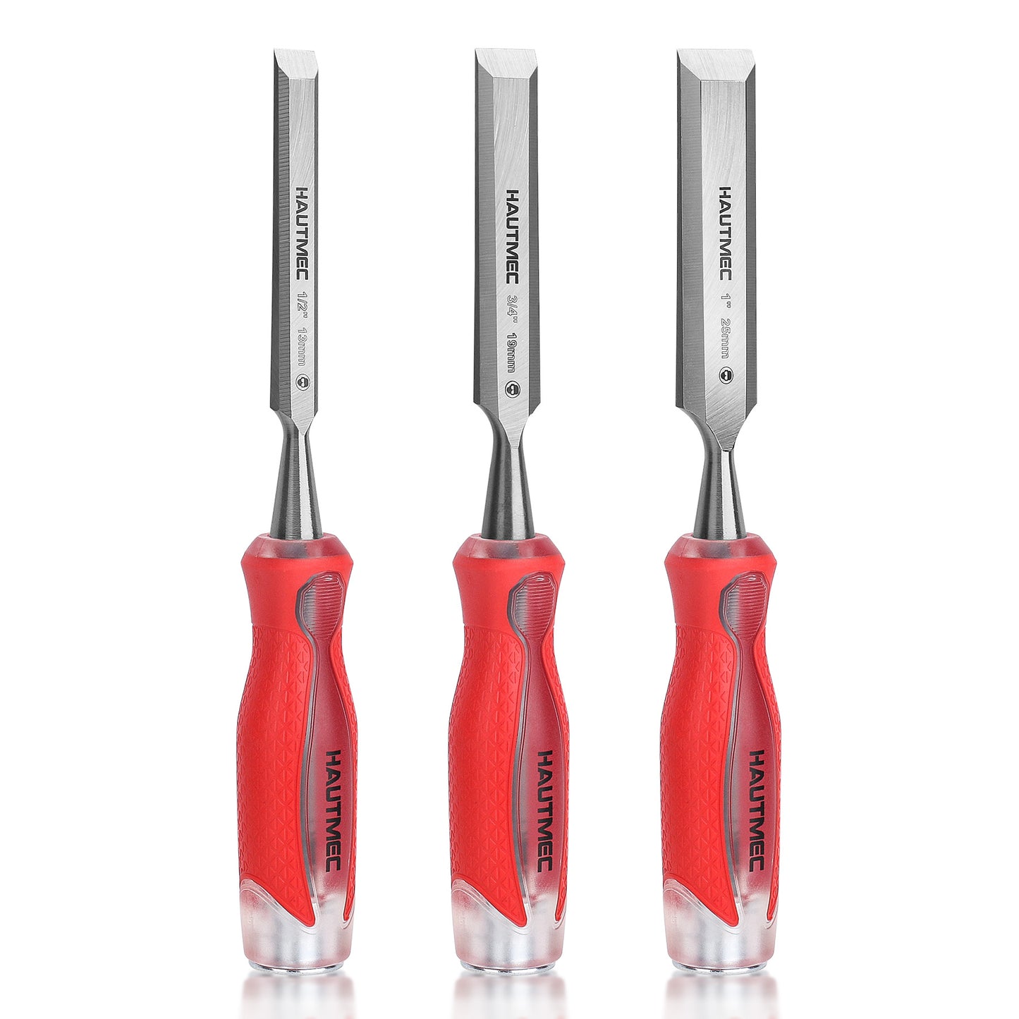 HAUTMEC 3-Piece Wood Chisel Set – High-Impact Drop-Forged CRV Steel, Fully Polished Beveled Edge Blades, Heavy-Duty Strike Cap & Extended Anti-Skid Handle – HT0364