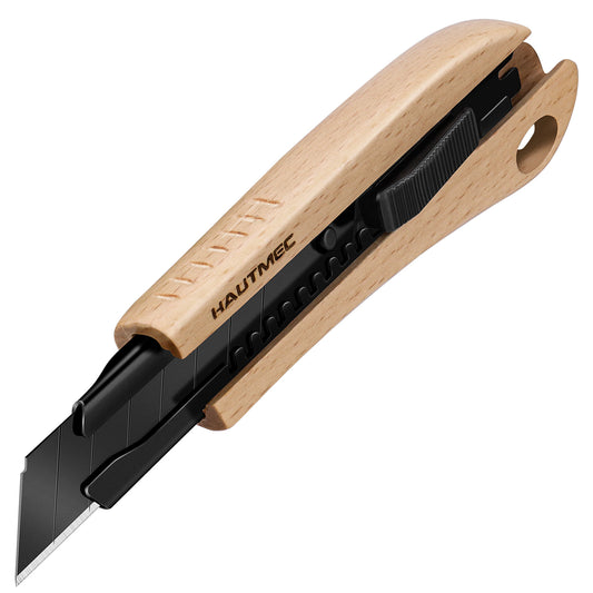 HAUTMEC 18mm Eco-friendly Wooden Handle Utility Knife, Autolock and Snap-off Knife with SK2H Ultra Sharp Black Blade, Suitable Gifts for Husband, Dad HT0352-1PC