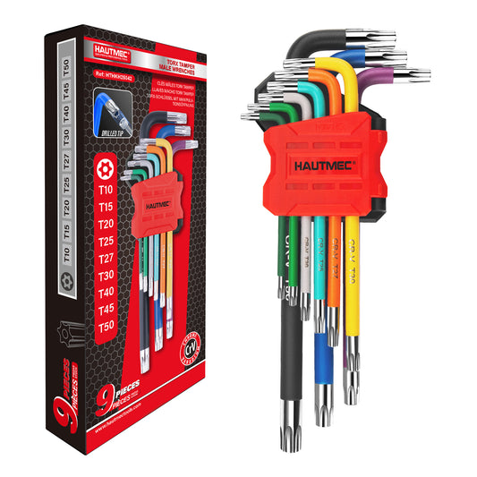 HAUTMEC Torx Allen Wrench Set, 9PCS Star Allen Key Set, T10-T50 Star Allan Wrench Sets with Visible Coding, CR-V Steel, Drilled Tips & Non-Slip Colorful Handles for Automotive, Bike, Furniture Repair HTHKH25042