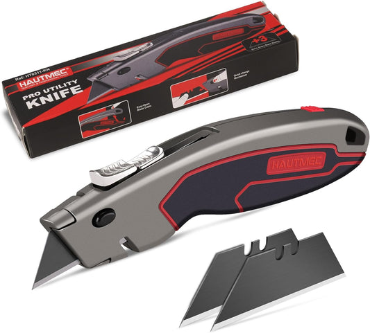 HAUTMEC Heavy Duty Utility Knife With Dual Cutting Mechanism: Safety Auto-Retracting Cutting + Precision 3 Position Depth Tough Cutting, Professional Box Cutter With 3 Black Sk4 Blades, HT0311