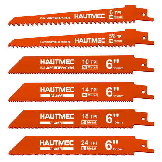 HAUTMEC 6-Inch Reciprocating Saw Blades，Bi-Metal Sawzall Blades,Pruner Saw Blades 6-Pieces Set for Wood Metal Cutting HT0166-CT