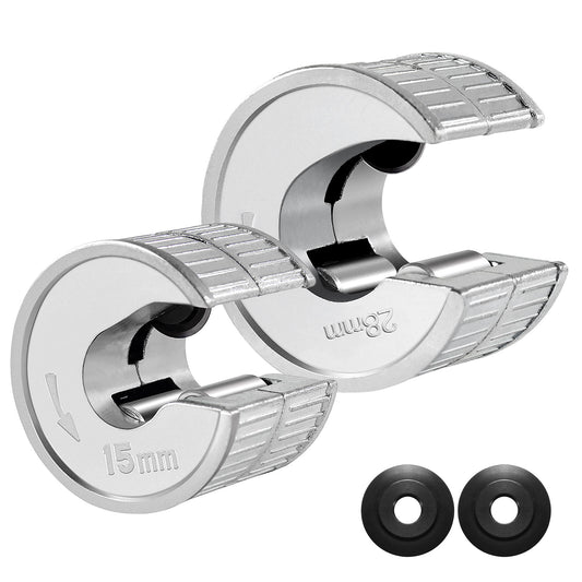 HAUTMEC Copper Pipe Cutter Sturdy Plumbing Auto Cut Tube Cutter Set Twin Pack 15 & 22mm Pipe Cutters Pipe Slice with 2 Spare Pipe Cutting Wheel Blades,PL7261701