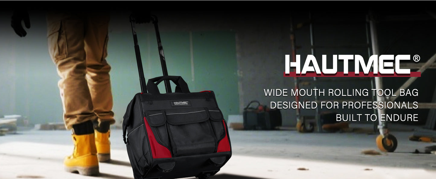HAUTMEC 14.5" Rolling Tool Bag with Wheels, 25-Pocket Portable Tool Box Organizer with 600D Water-Resistant Fabric, Wide-Mouth Design, Oversized Wheels & Telescoping Handle - HT0179