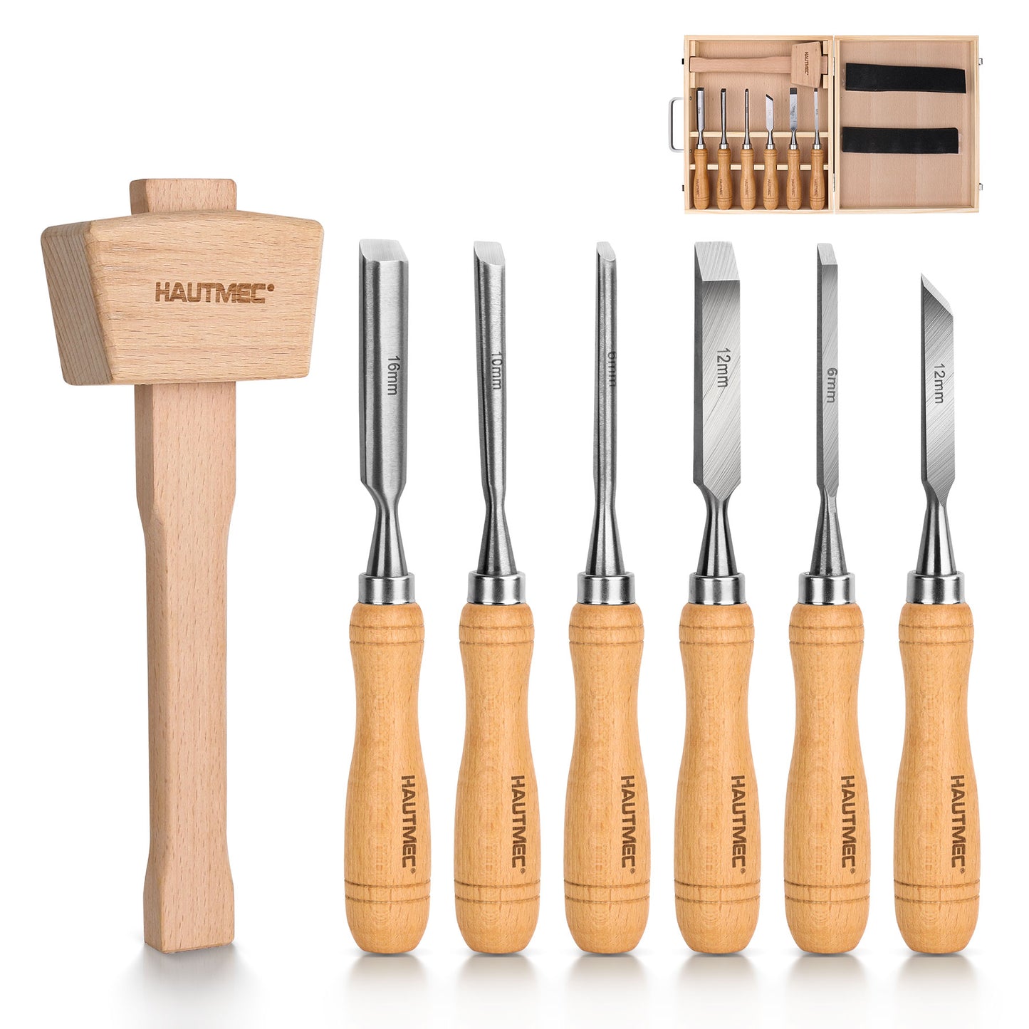 HAUTMEC 7-Piece Wood Chisel Set with Wooden Mallet, CR-V Steel Beveled Gouge Tools with Beech Handles and Storage Box, Wood Carving Kit for Woodworking & DIY - HT0393
