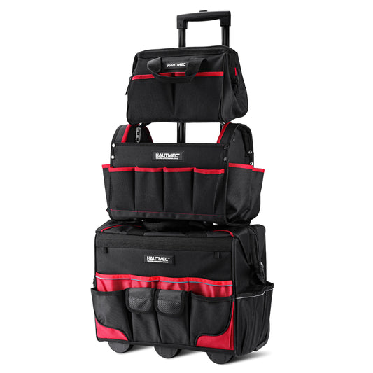 HAUTMEC 3-Piece Rolling Tool Bag Set – 18” Wheeled Tool Bag, 15” Electrician Tool Tote & 12” Wide Mouth Bag, 1680D Water-Resistant Heavy-Duty Portable Tool Storage – HT0287