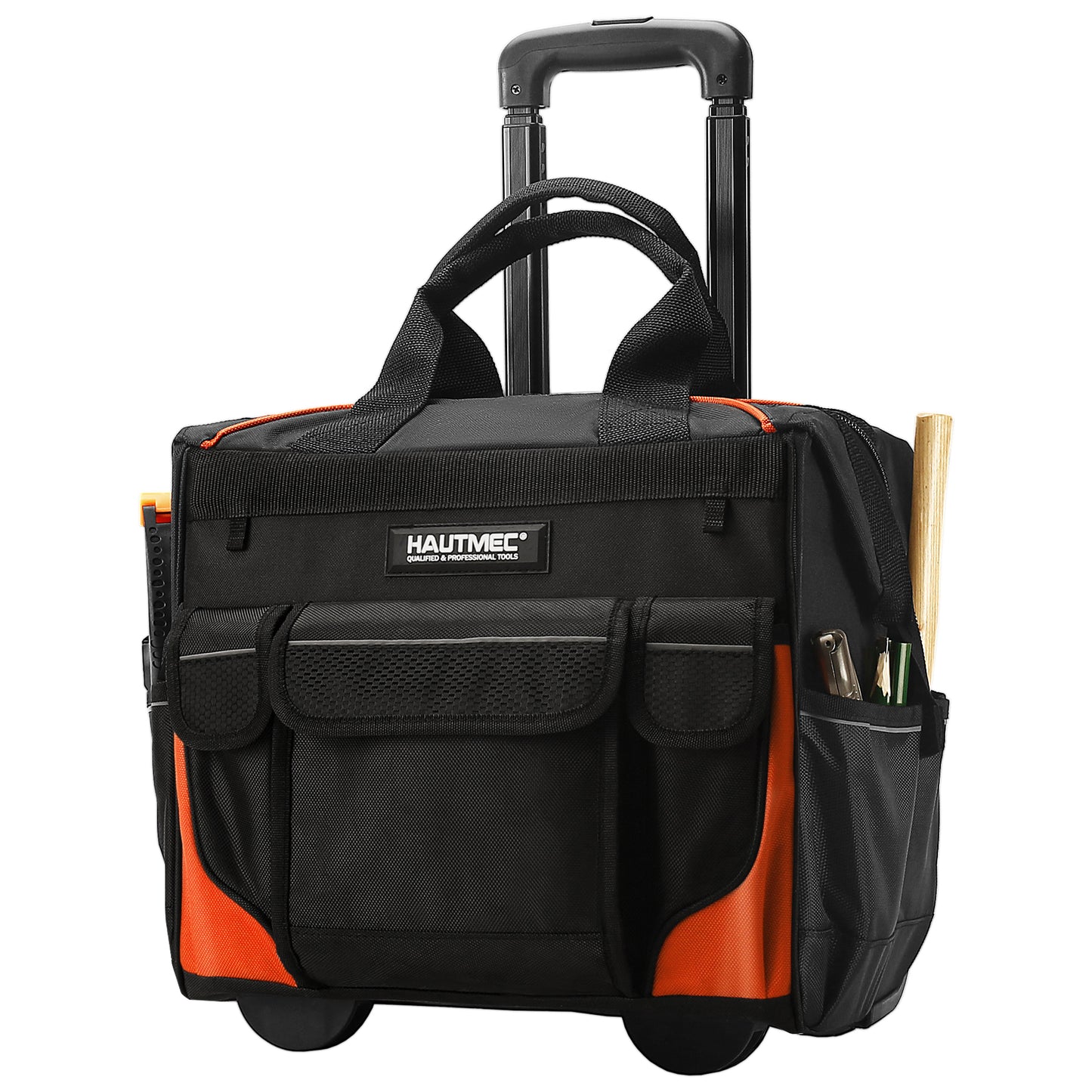 HAUTMEC 14.5" Rolling Tool Bag With Wheels Portable Tool Bag With Adjustable Telescoping Handle Wide Mouth Storage Organizer Perfect Mens Gifts, 600D Orange,HT0353