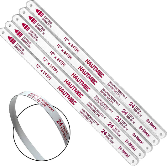 HAUTMEC 12" Hacksaw Blades Replacement Bi-Metal (100 Pack) 24 TPI High Speed Steel Grounded Teeth HT0017-100PC