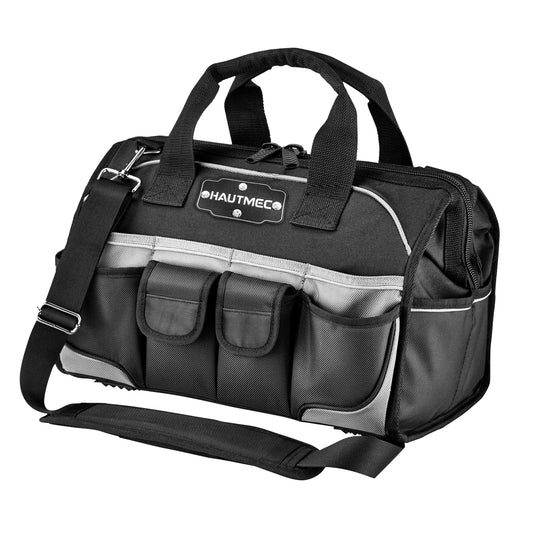 HAUTMEC Pro 16-inch Wide Mouth Tool Bag With 47 Pockets, Water-safe and Strengthened Base, Safety Reflective Straps for Tool Organization And Storage HT0183-TB