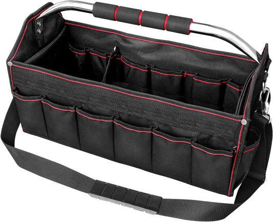 HAUTMEC Pro Foldable Open Top Tote Bag, 18-Inch 27 Pocket Tool Bag, Removable Shoulder Strap, Wide Mouth Heavy Duty Electrician Tool Bin for Tool Organization and Storage HT0020-TB