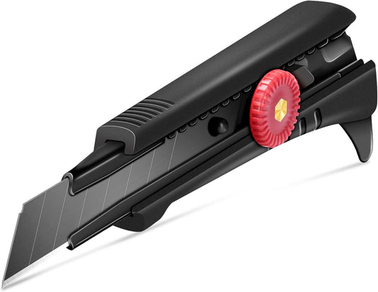 HAUTMEC 18mm Heavy Duty Utility Knife with Multi-Pick, Snap Off Ultra-Sharp Black Retractable Box Cutter, Ratchet & Soft-grip Cutter HT0248-KN