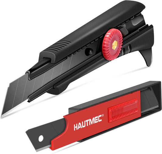 HAUTMEC 18mm Heavy Duty Utility Knife with Multi-Pick and 10pcs Blade set, Snap Off Ultra-Sharp Black Retractable Box Cutter, Ratchet & Soft-grip Cutter HT0249-KN