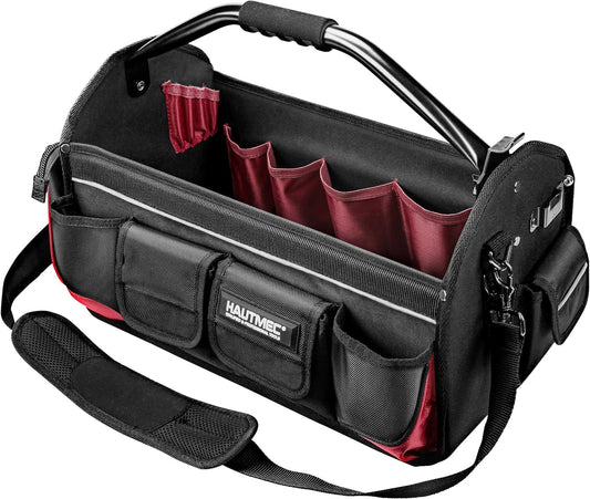 HAUTMEC 18.5 Inch Heavy-Duty Tool Bag, Open Top Tool Tote with 39 Pockets, Rotating Handle & Padded Shoulder Strap, Pro Electrician Tool Organizer Bag, Water-Resistant & Wear-Resistant – HT0178