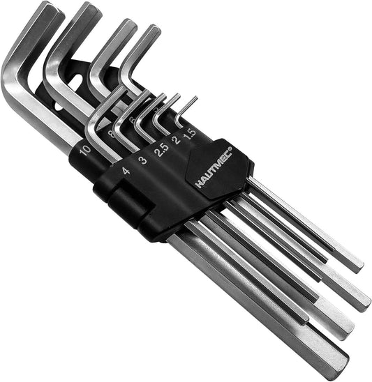 HAUTMEC 9-Piece Hex Key Allen Wrench Set, L Shape Metric Assortment, Chrome Vanadium Steel, Precise and Chamfered Tips, 1.5-10 mm, HT0221-SS