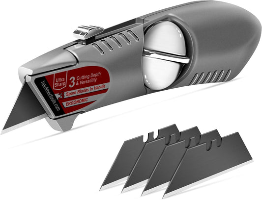 HAUTMEC Heavy-Duty Retractable Utility Knife, one-piece 3 Position Fixed Blade Box Cutter, Aluminum Alloy Shell with 3 extra blades HT0247-KN