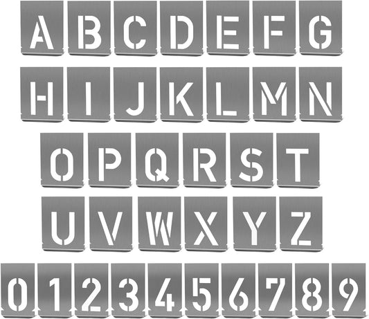 HAUTMEC 2.4Inch(60mm) Letter Number Stencils Set, 36 Pcs Stainless Steel Templates for Spray Painting, Reusable for Signs, Craf Metal DIY,Journaling, Narrow HT0347