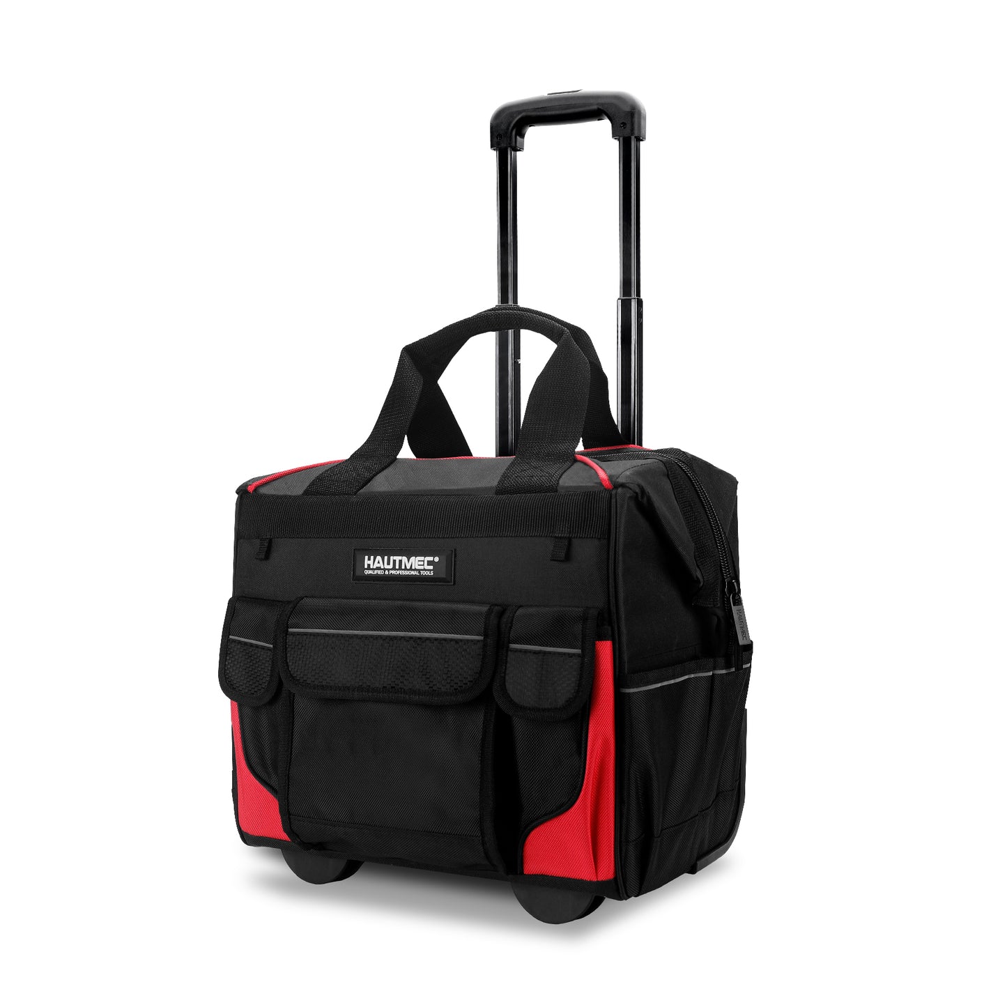 HAUTMEC 14.5" Rolling Tool Bag with Wheels, 25-Pocket Portable Tool Box Organizer with 600D Water-Resistant Fabric, Wide-Mouth Design, Oversized Wheels & Telescoping Handle - HT0179