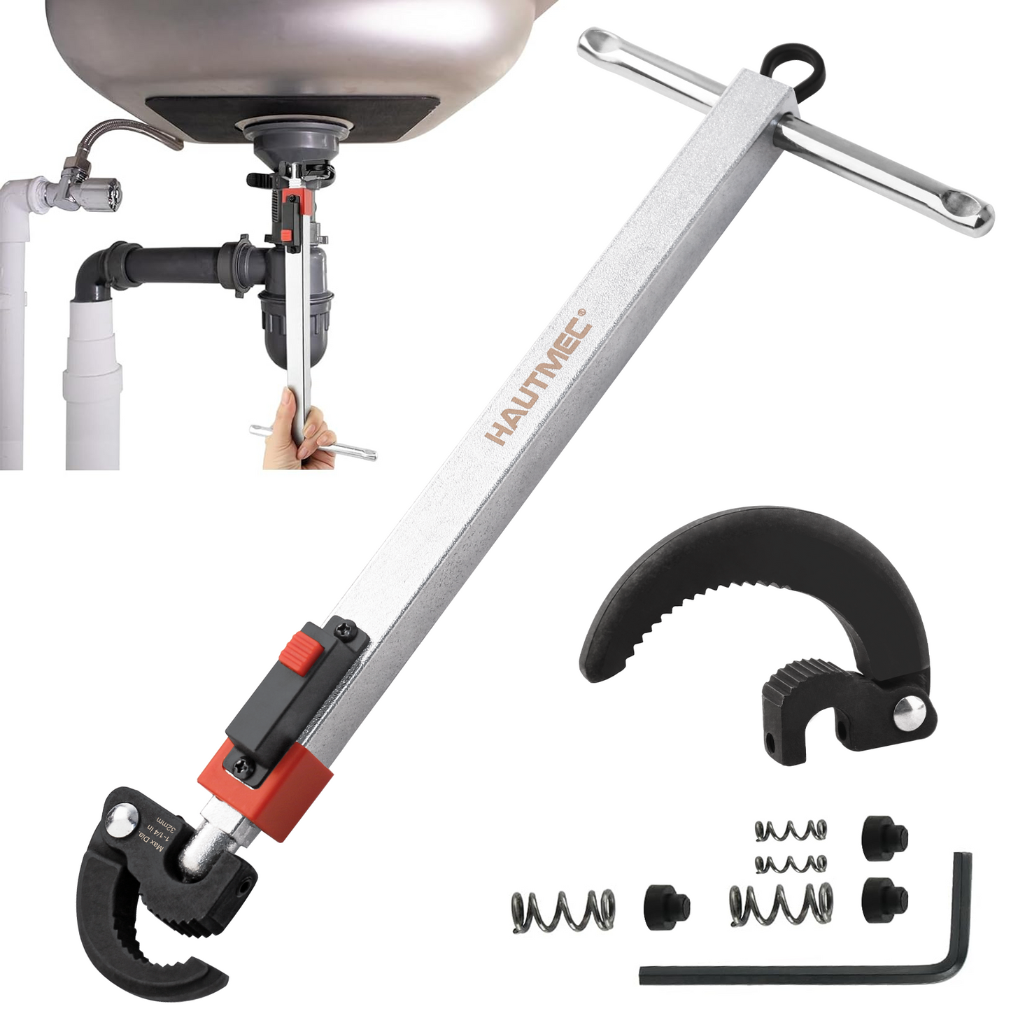 HAUTMEC 11-18inch Telescoping Basin Wrench, Sink Faucet Wrench for Tight Spaces with Replaceable Jaws Capacity 1-1/4''to 2-1/2", Plumber Wrenches for Faucet Hex Nuts Install and Repair Under Sink HT0423-PL