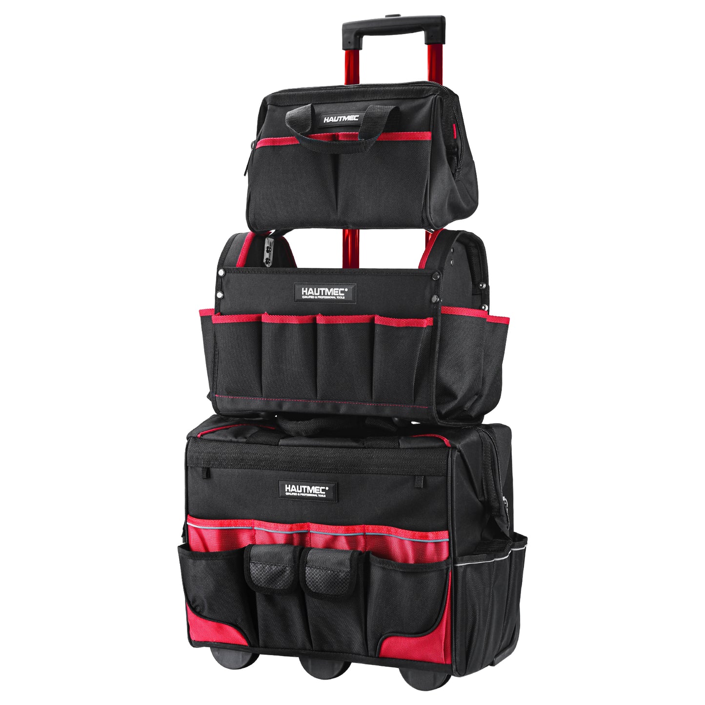 HAUTMEC 3 Piece Heavy-Duty Rolling Tool Bag Set, 18” Wheeled Tool Bag, 15” Electrician Tool Tote & 12” Wide Mouth Bag, 1680D Oxford Fabric Portable Tool Storage – HTTBM25006