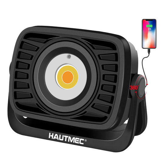 HAUTMEC Rechargeable Work Light, 360°Rotating COB 1500LM Portable Flood Light with Magnetic Base and Pothook, Waterproof Power Bank Worklight Tool for Car Repairing Construction Sites, HT0168-WL