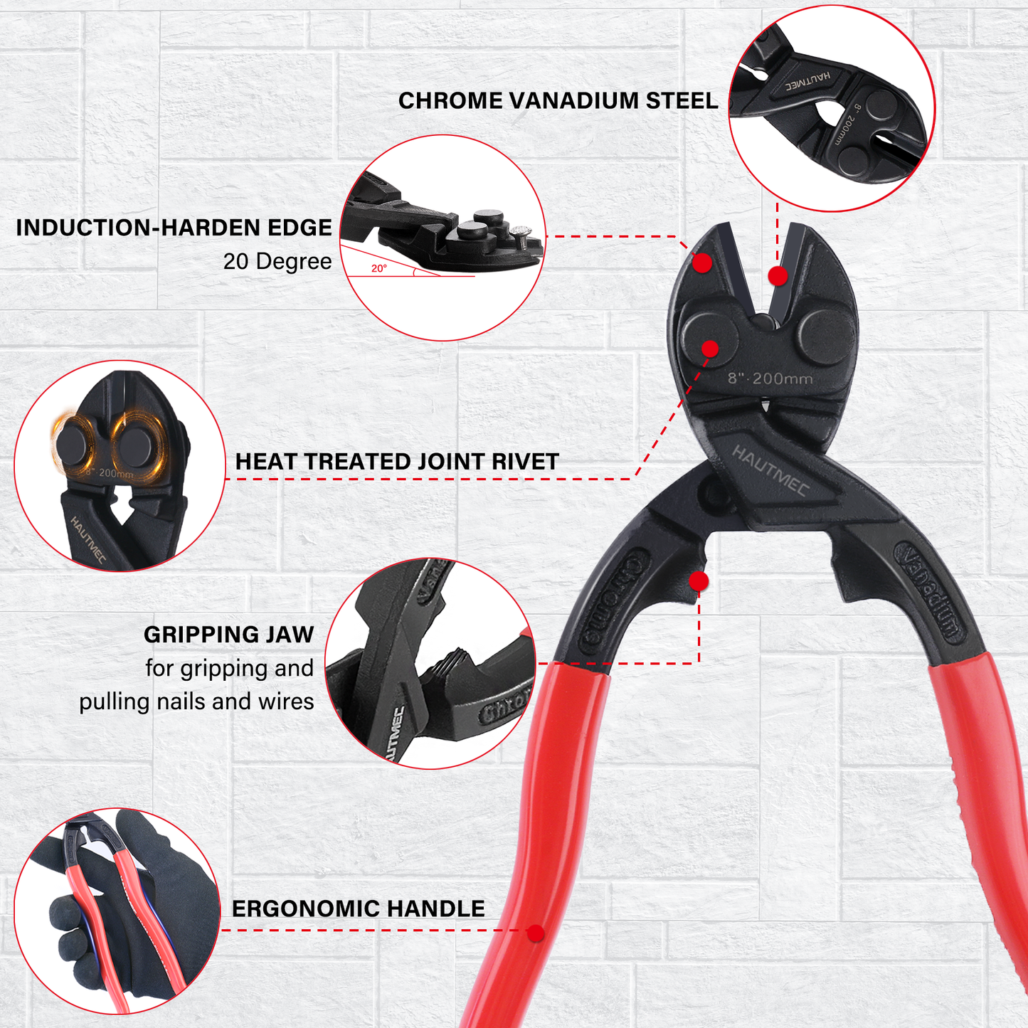HAUTMEC 8 Inch High Leverage Bolt Cutter Plier Set, 8" Bolt Cutter, 8" Flush Cutter, High Leverage, CRV Blade, Flush cutting for Locks, Bolts,Wires, Cables, Rivets, and Chains, HT0469