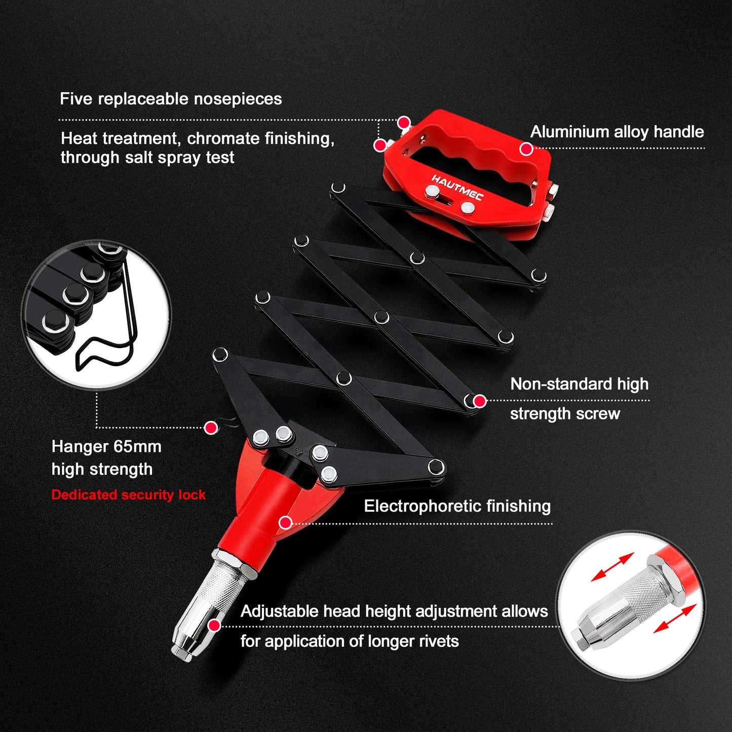 HAUTMEC Expert Heavy-Duty Lazy Tong Pop Riveter With 5 Replaceable Nosepieces, Single pull Action Riveter, Fast Riveting for industrial use HT0130-HR